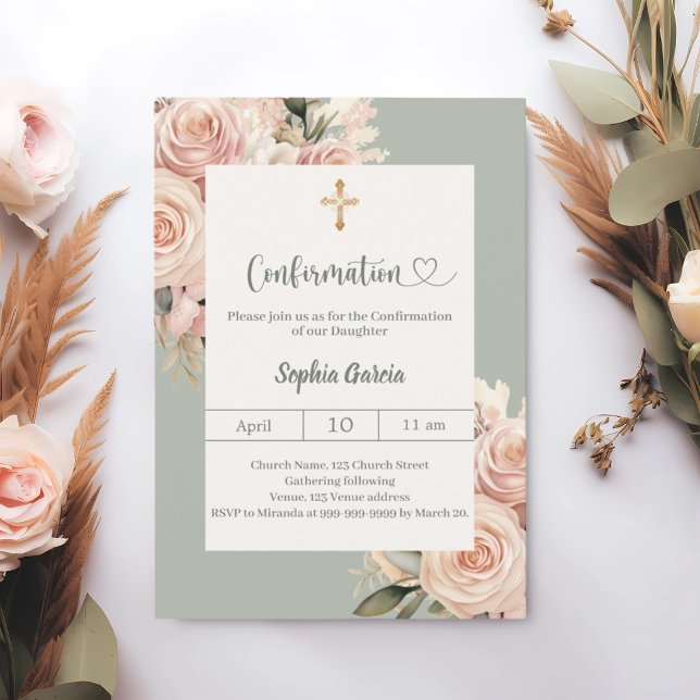 Invitation Sage green ivory dusty rose florals Confirmation (Créateur téléchargé)