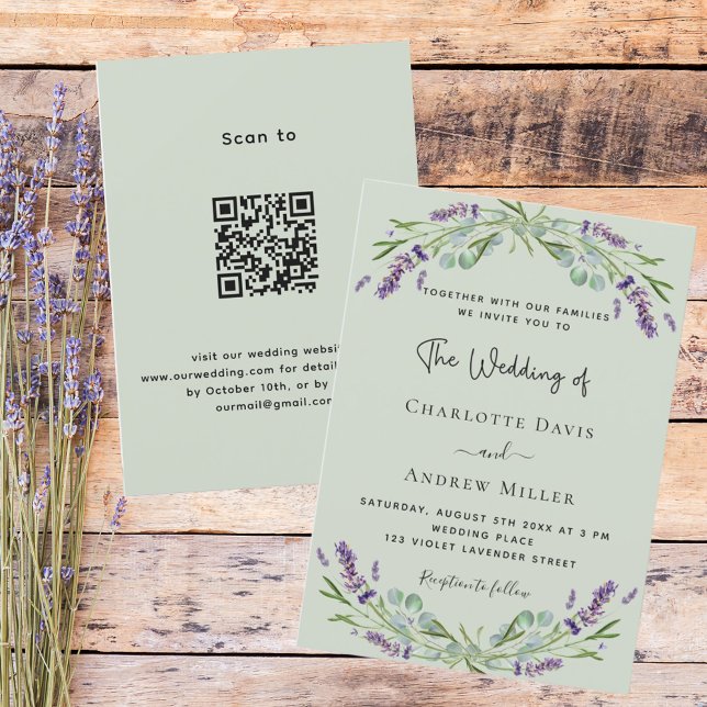 Invitation Sage green lavender QR code RSVP détails mariage (Créateur téléchargé)