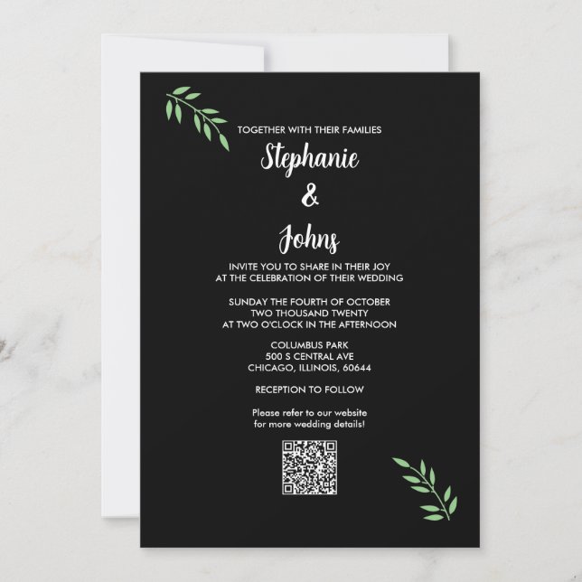 Invitation Sage Green Leaf noir blanc Script QR Code Mariage (Devant)