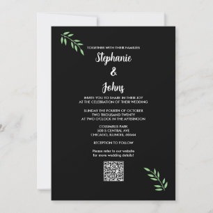 Invitation Sage Green Leaf noir blanc Script QR Code Mariage