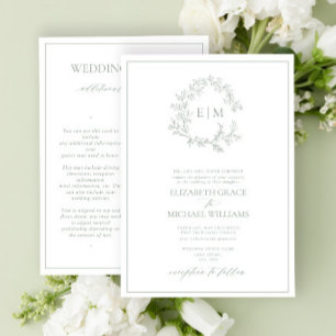 Invitation Sage Green Leafy Crest Monogramme Détails Mariage