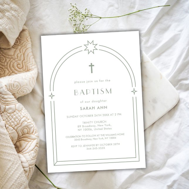 Invitation Sage Green Minimaliste Boho Arch Croix Baptême (Sage Green Minimalist Boho Arch Cross Baptism Invitation
)