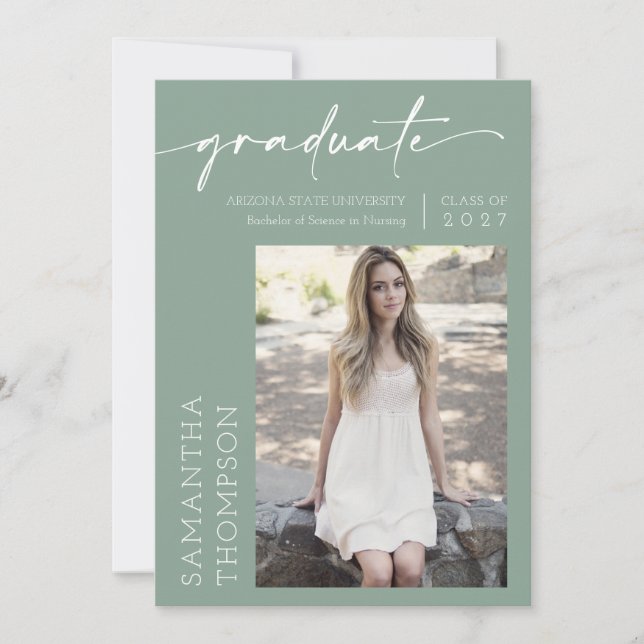 Invitation Sage Green Minimaliste Deux Photo Graduation Party (Devant)