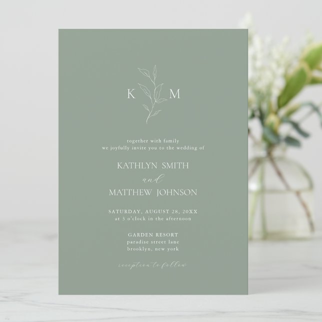 Invitation Sage Green Minimaliste Monogramme Mariage feuille  (Créateur téléchargé)