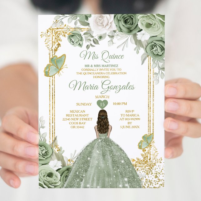 Invitation Sage Green Mis Quince 15 Anos Gold Crown Butterfly (Créateur téléchargé)