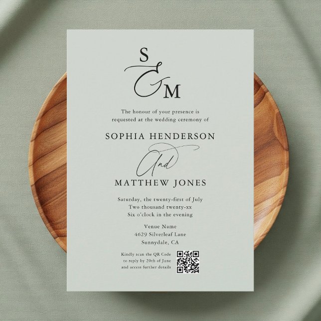 Invitation Sage Green Monogramme QR Code Mariage photo (Créateur téléchargé)