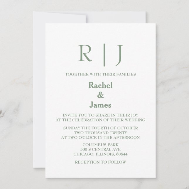 Invitation Sage Green Monogrammes Élégant Mariage minimal (Devant)