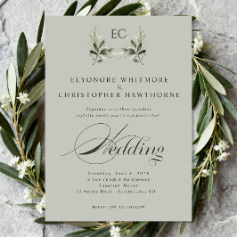 Invitation Sage Green Olive Branch Monogram Photo Wedding