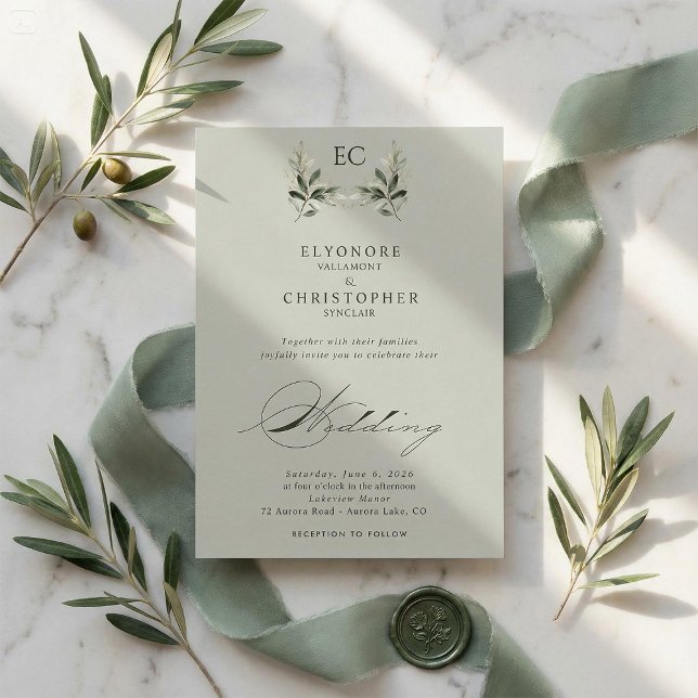 Invitation Sage Green Olive Branch Monogram Wedding (Créateur téléchargé)