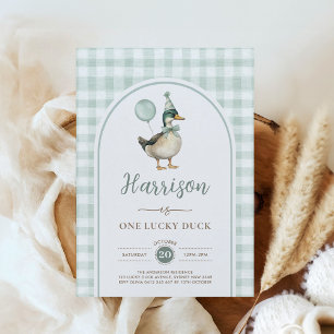 Invitation Sage Green One Lucky Duck Balloon 1er anniversaire