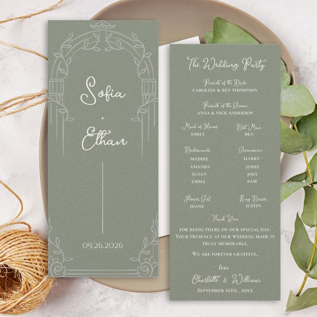 Invitation Sage Green Ornate Arch Botanical Wedding Program  (Elegant Sage Green Ornate Arch Botanical Wedding Program Card)