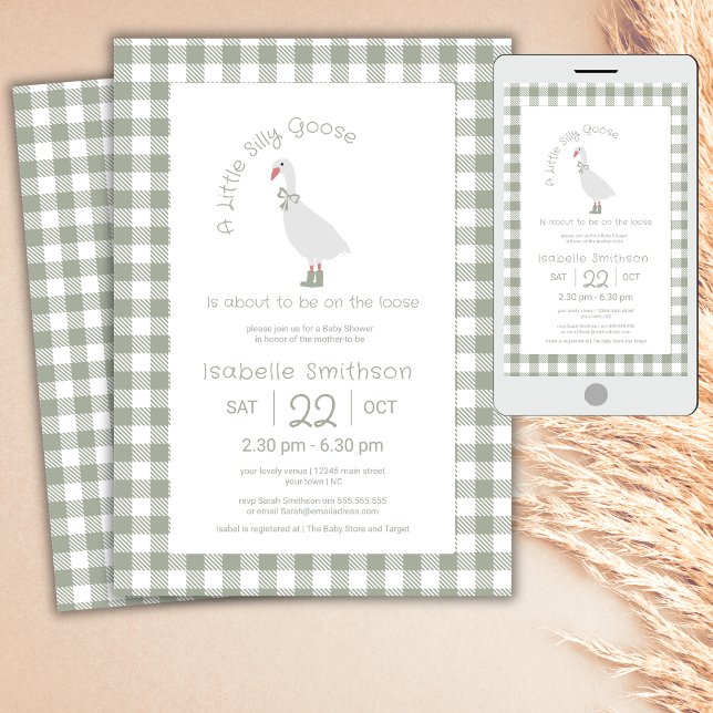 Invitation Sage Green Preppy Silly Little Goose Baby shower (Créateur téléchargé)