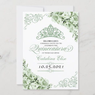 Invitation Sage Green Princess Crown Quinceanera Anniversaire