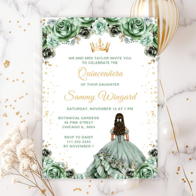 Invitation Sage Green Princesse Floral Quinceañera (Créateur téléchargé)