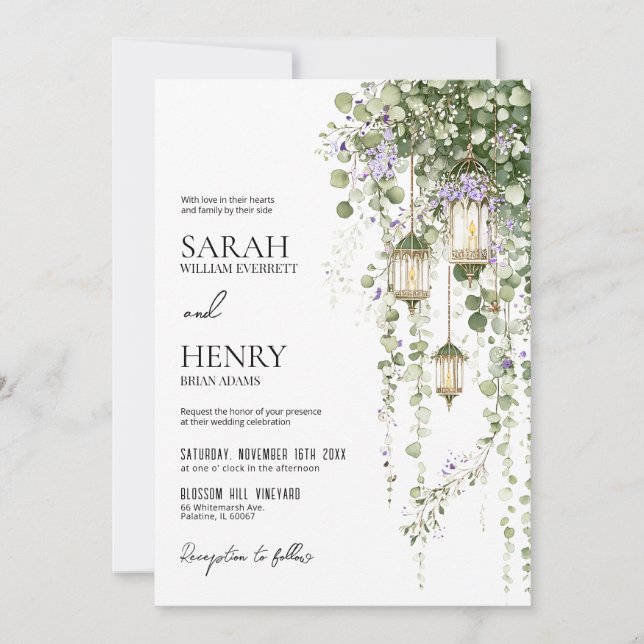 Invitation Sage Green Purple Floral Lantern Wedding (Devant)