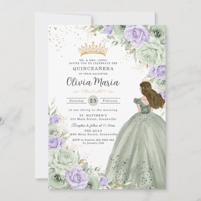 Invitation Sage Green Purple Floral Princesse Gown Quinceañer (Devant)