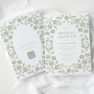 Invitation Sage Green QR Code Blanc Folk Floral Fête des mari