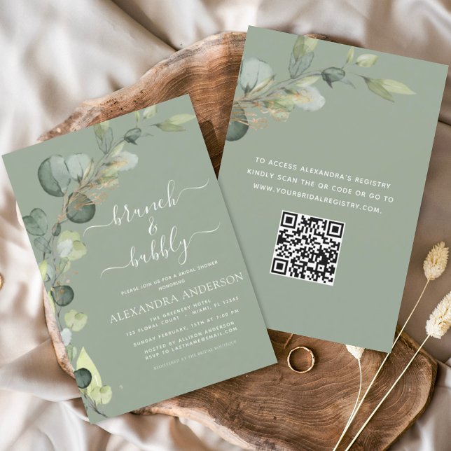 Invitation Sage Green QR Code Brunch & Bubbly Eucalyptus (Créateur téléchargé)