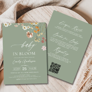 Invitation Sage Green QR Code Fleur sauvage Baby in Bloom
