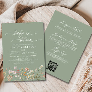 Invitation Sage Green QR Code Fleur sauvage Baby in Bloom