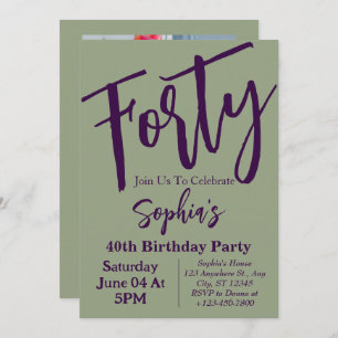 Invitation Sage Green Quarty Moderne 40e fête d'anniversaire 