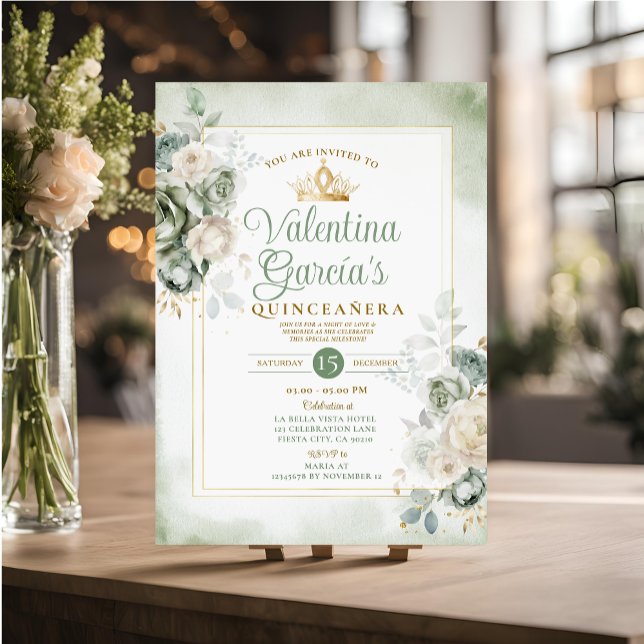 Invitation Sage Green Quinceañera 15 Anos Fleurs Or Couronne (Créateur téléchargé)