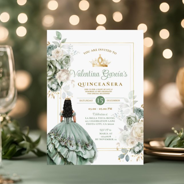 Invitation Sage Green Quinceañera 15 Anos Fleurs Or Couronne (Créateur téléchargé)