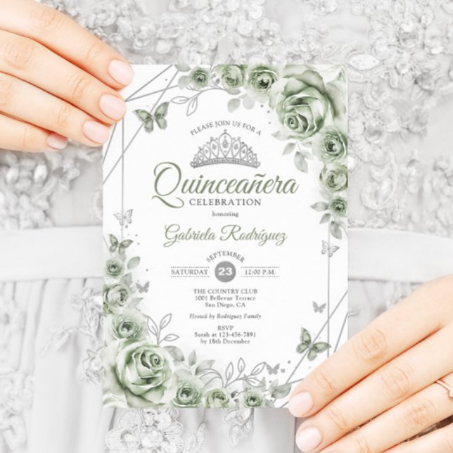 Invitation Sage Green Quinceanera Floral (Créateur téléchargé)