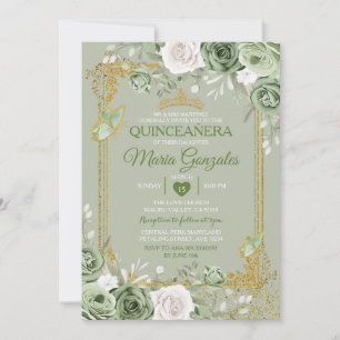 Invitation Sage Green Quinceañera Gold Crown Butterfly
