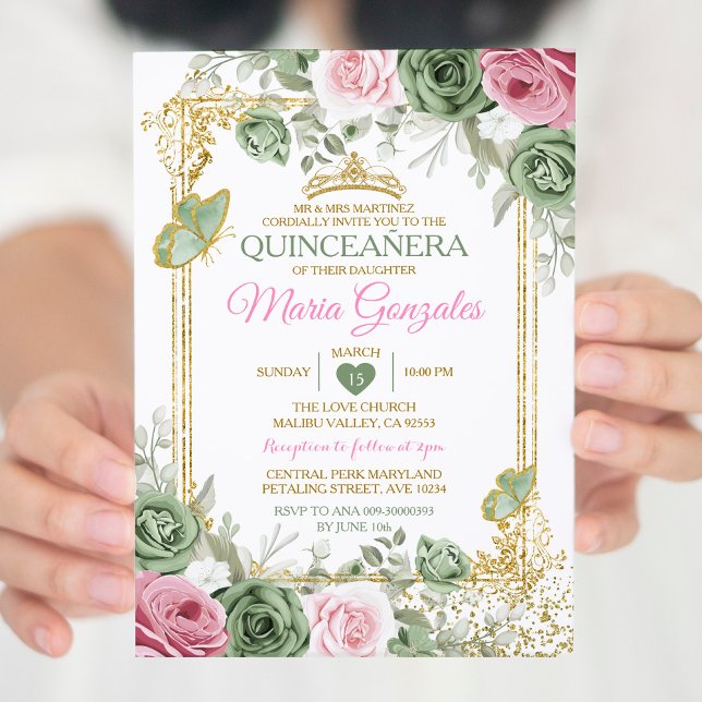 Invitation Sage Green Quinceañera Pink Gold Crown Butterfly (Créateur téléchargé)
