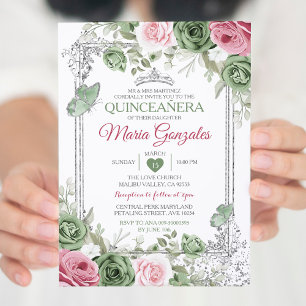 Invitation Sage Green Quinceañera Pink Silver Crown Papillon