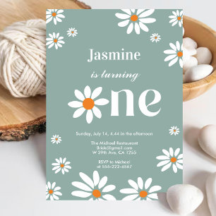 Invitation Sage Green Retro Super Daisy Florals 1er anniversa
