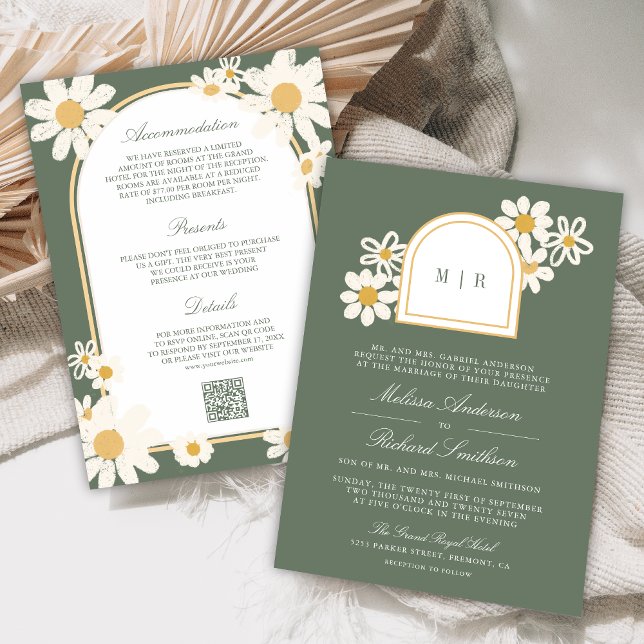 Invitation Sage Green Retro Yellow Daisy All in One Wedding (Créateur téléchargé)