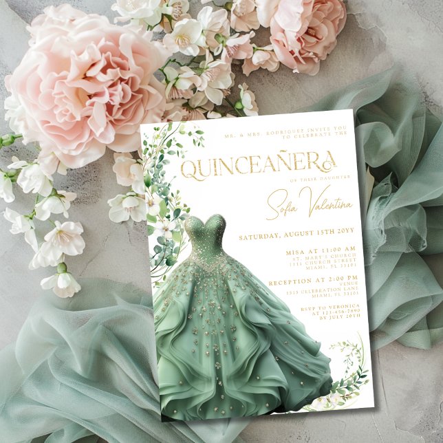 Invitation Sage Green Robe Gown Floral Princesse Quinceañera (Sage Green Dress Gown Floral Princess Quinceañera Invitation)