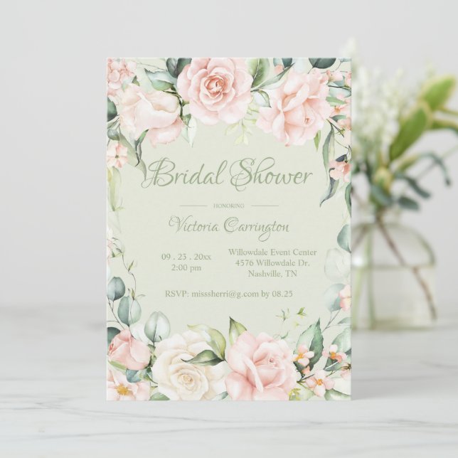 Invitation Sage Green & Rose Floral Elégante Fête des mariées (Debout devant)