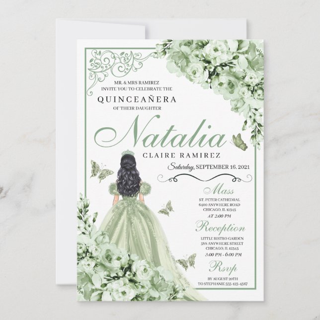 Invitation Sage Green Roses Princesse Robe Quinceanera (Devant)