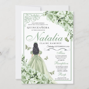 Invitation Sage Green Roses Princesse Robe Quinceanera
