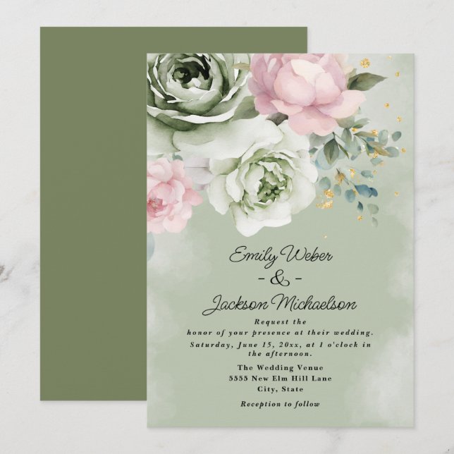 Invitation Sage Green Roses Rose Peonies Mariage Or (Devant / Derrière)