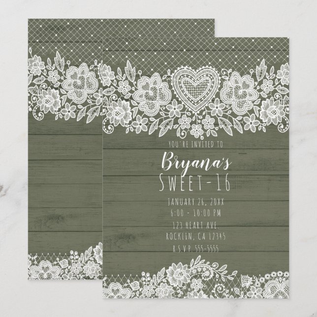 Invitation Sage Green Rustic Wood & Lace Sweet 16 Anniversair (Devant / Derrière)