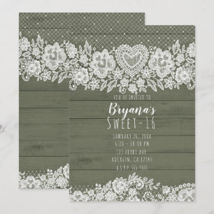 Invitation Sage Green Rustic Wood & Lace Sweet 16 Anniversair