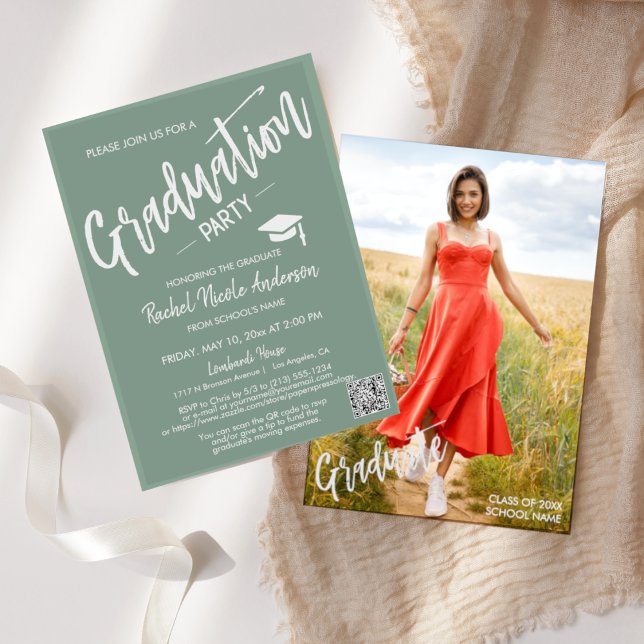 Invitation Sage Green Script QR Code Photo Graduation Party (Créateur téléchargé)