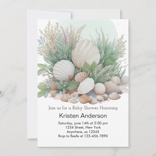 Invitation Sage Green Seashell Dreamy Baby shower (Devant)