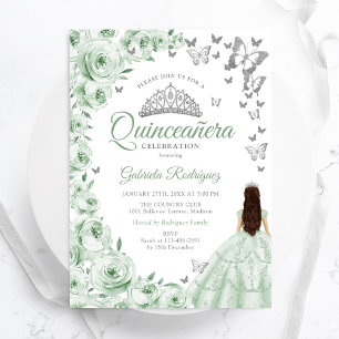 Invitation Sage Green Silver Floral Quinceanera