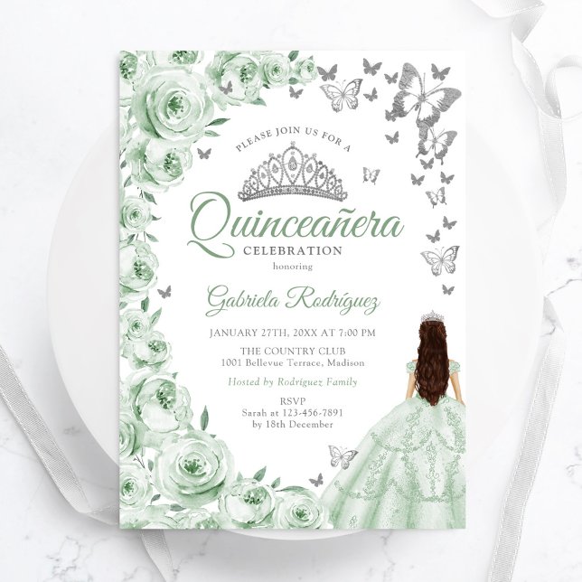 Invitation Sage Green Silver Floral Quinceanera (Créateur téléchargé)