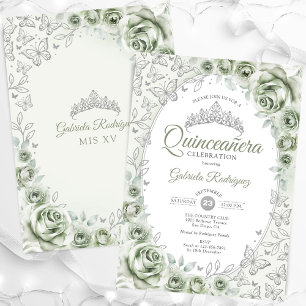 Invitation Sage Green Silver Floral Quinceanera