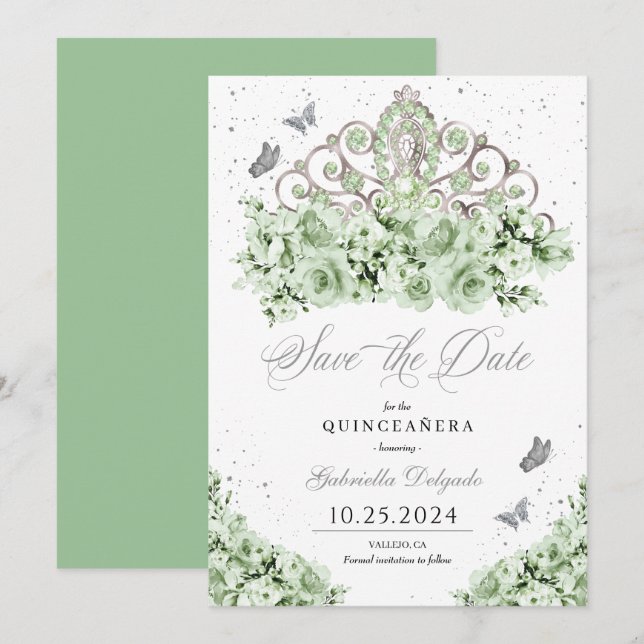 Invitation Sage Green Silver Tiara Enregistrer La Date Quince (Devant / Derrière)