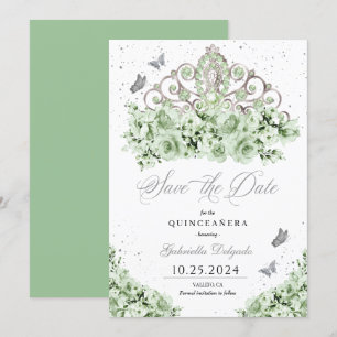Invitation Sage Green Silver Tiara Enregistrer La Date Quince