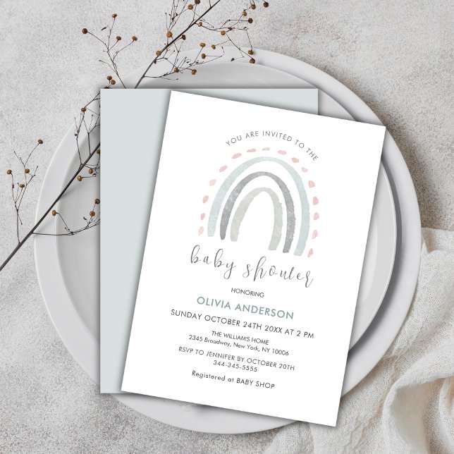 Invitation Sage Green Simple Boho Rainbow Girl Baby shower (Sage Green Simple Boho Rainbow Girl Baby Shower Invitation)