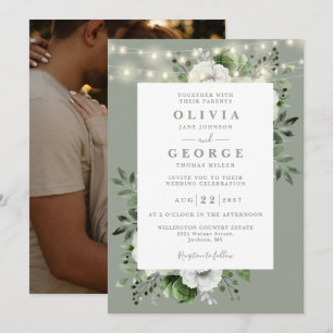 Invitation Sage Green String éclaire Floral Photo Mariage