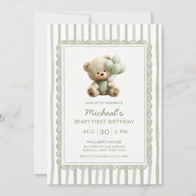 Invitation Sage Green Stripe Beary First Birthday  (Devant)